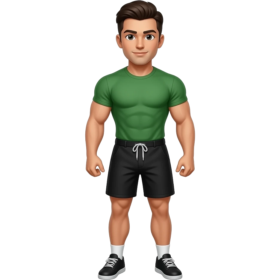 muscular jock with dark brown hair, combed back, a green t-shirt, black shorts and black shoes emoji