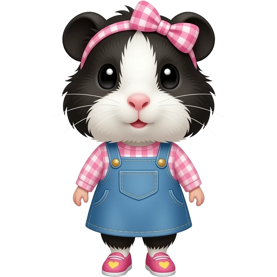 black and white guinea pig with pink long sleeve gingham shirt, jean dress, pink shoes with yellow hearts and a pink gingham bow in hair emoji