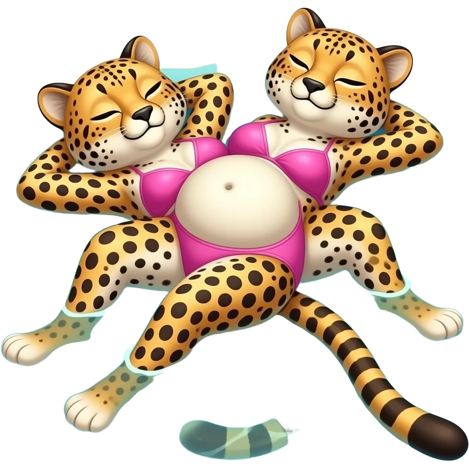 A cheetah enjoys beach holiday in her swimmers,but she is so full from a lunch break that she is about to burst,Then her fat Tummy rolls & drops out,she will just lay on her back in the shallow cool water,her gluttonous belly promotes a good resort business. emoji