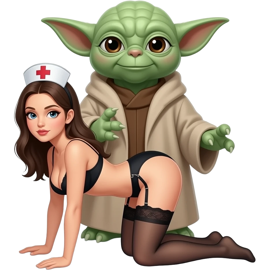 Thin Nurse , large breasts, black lingerie and garter belt , positioned doggy style in  front of a tall Yoda, emoji