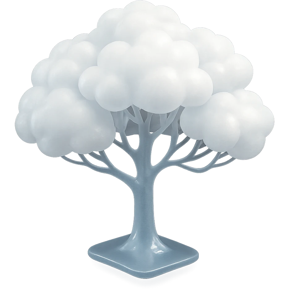 one tree with many branches and a white trunk, crown made of small very bright white fluffy convex clouds, matte glass style emoji