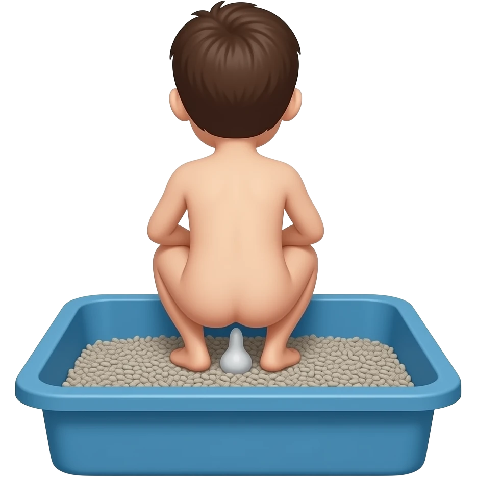 back view of a nude boy squatting and pooping inside a blue human sized litterbox filled with grey kitty litter emoji