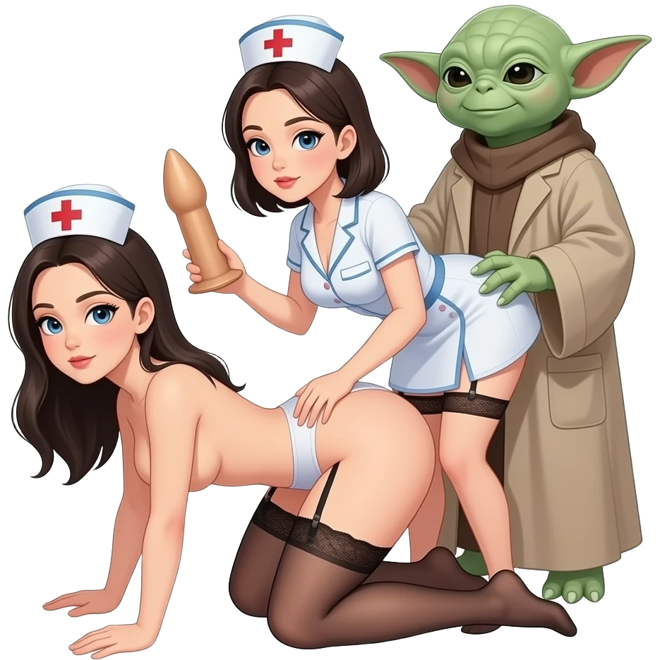 2 very thin big breasted petite nurses, one completely naked on all fours, the other completely naked except for a garter belt , otherwise naked ,standing behind her , holding a large dildo,  with 1 hand on her ass, while  a tall yoda stands behind her with his hand on her breast emoji