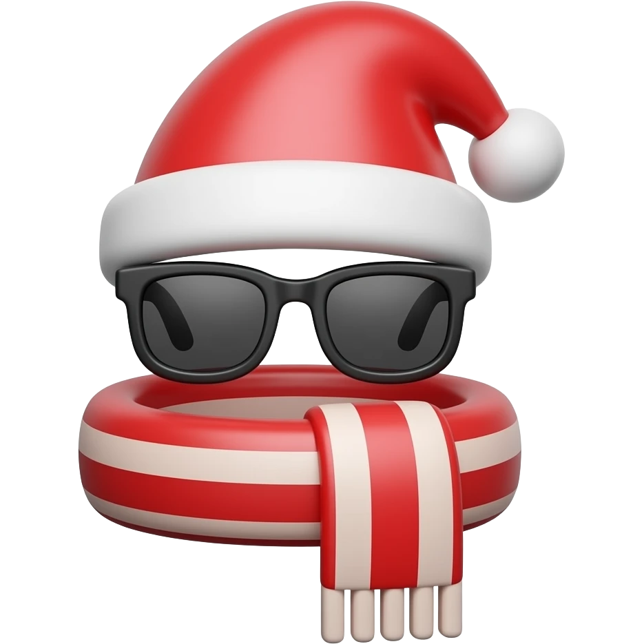 A glossy 3D icon render of a Santa hat, a pair of sunglasses, and a ...