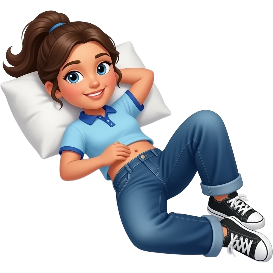 Hispanic girl with brown ponytail and blue eyes light blue dark blue lined polo and dark blue baggy jeans and belly button and black and white sneakers laying down on the pillow in bed rolling her tummy emoji