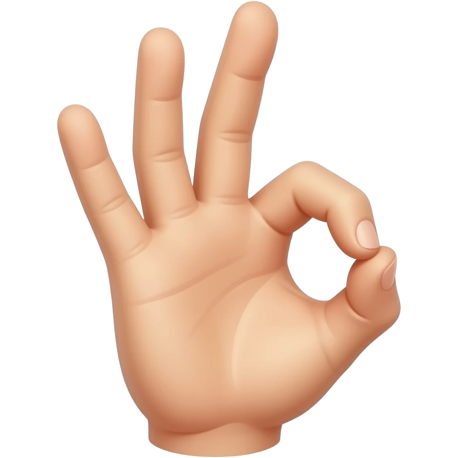 Hand sign: The extended index finger is placed against the pad of the extended middle finger to form a lens-shaped ring. The thumb, ring finger, and little finger are curled. It looks like an OK sign when viewed from the thumb side. emoji
