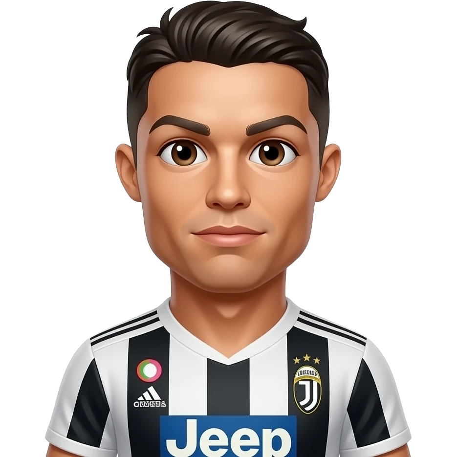 Cristiano Ronaldo emoji, Juventus jersey, extra small emoji eye on upper left forehead, matching original eye style, bright 3D cartoon style. emoji