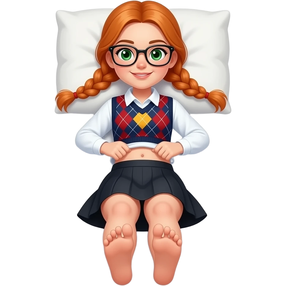 17 year old white woman green eyes orange braided pigtails rectangle glasses white long sleeved polo argyle dark blue red and yellow vest black skirt laying down on her pillow in bed lifting her shirt showing belly button showing her feet emoji