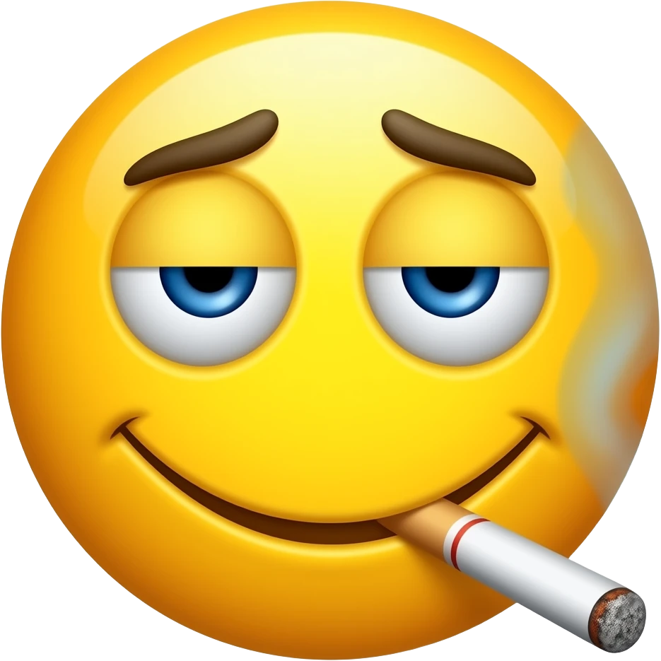 Tired yellow smiley emoji with heavy eyes smoking a cigarette emoji