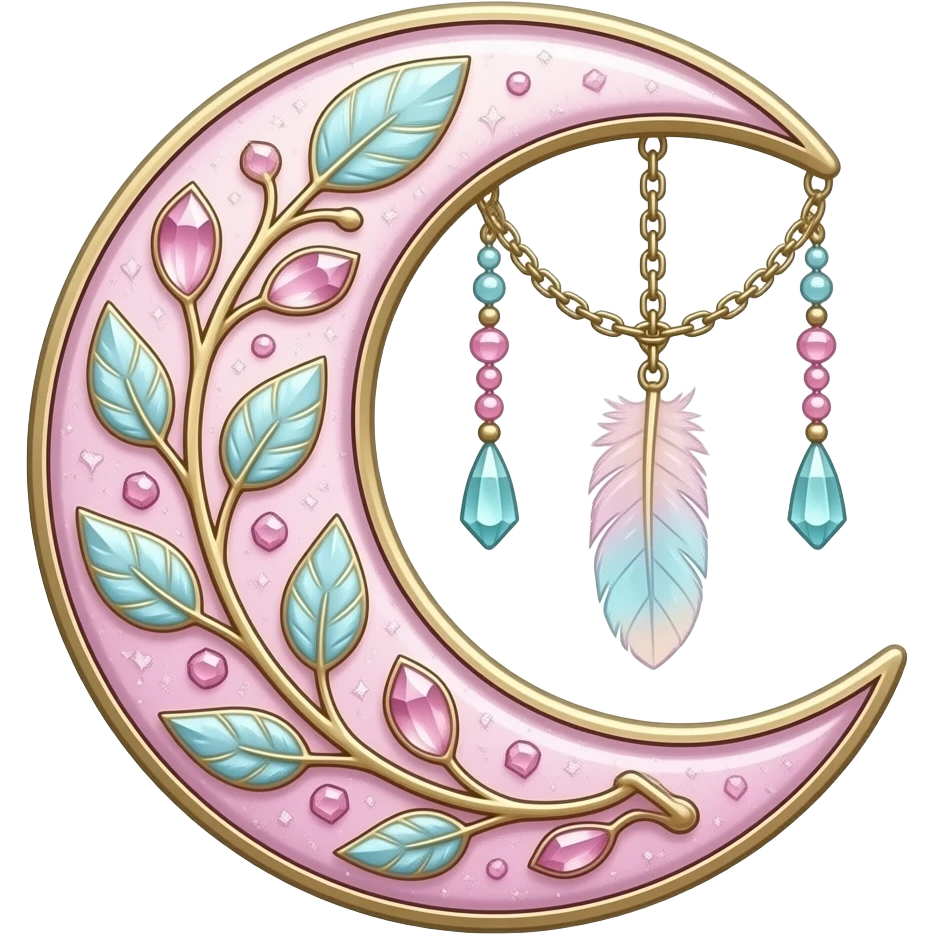 Rosy shiny glossy sparkly romantic pastel crescent damask moon with rose quartz pastel vines pastel gems pastel beads with feathers and chains suncatcher-dreamcatcher emoji