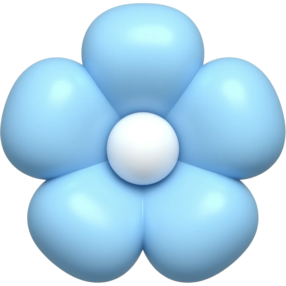 Cute soft 3D blue flower emoji, pastel baby blue petals, rounded puff-style petals, glossy smooth texture, minimal flower center, dreamy aesthetic, soft lighting, subtle gradients, kawaii emoji style, clean white background, ultra smooth render, modern iOS emoji inspired emoji