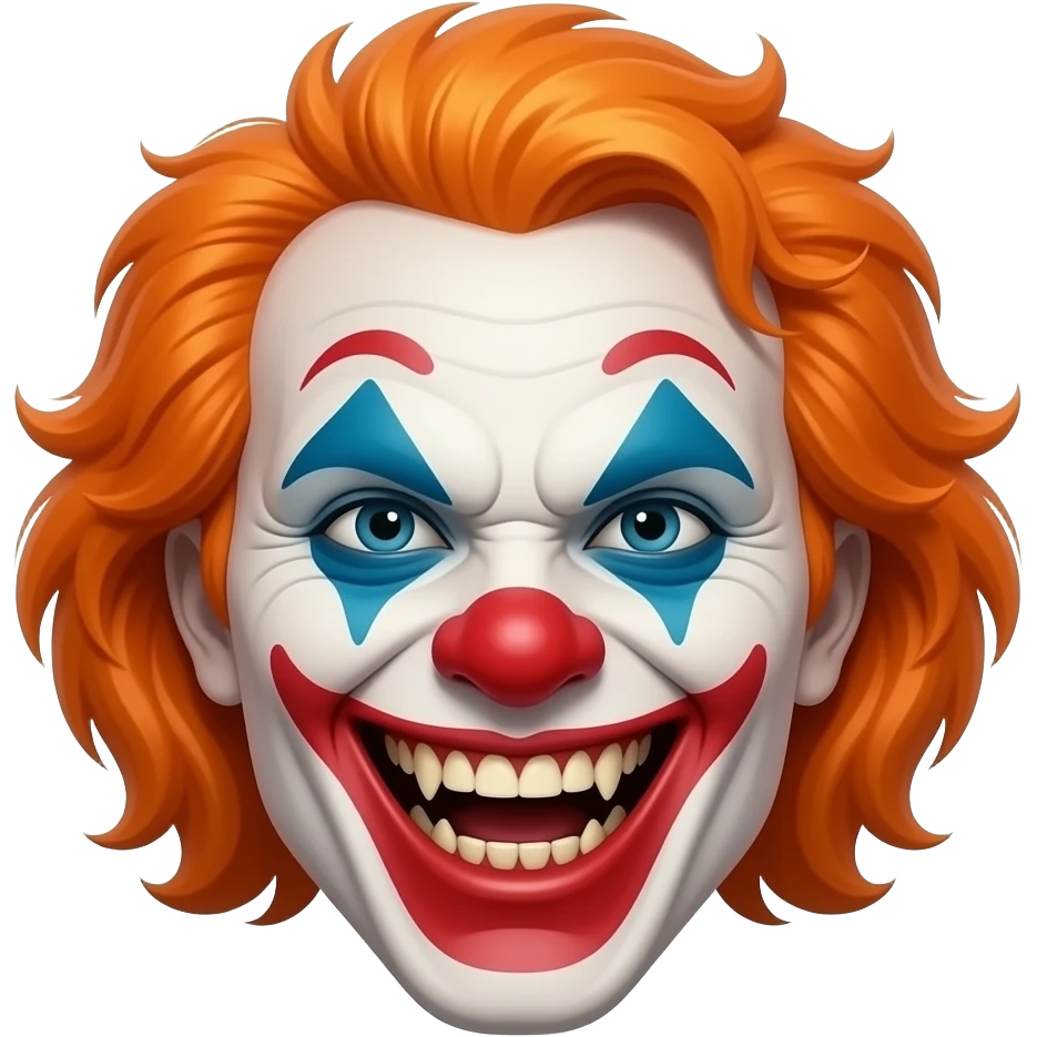 An evil clown with orange hair, head only, wicked grin, hyper real, crazy makeup, scary, hyper real, ultra real emoji