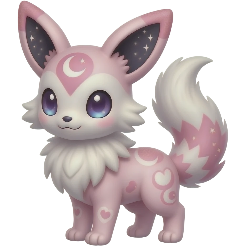 Fuzzy cozy aesthetic Rosy beautiful gorgeous pretty Petite shiny glossy sparkly romantic pastel damask Absol-Sylveon-Amaura-Milotic-Minccino-Furret-Fakemon-hybrid with heart and moon patterns emoji