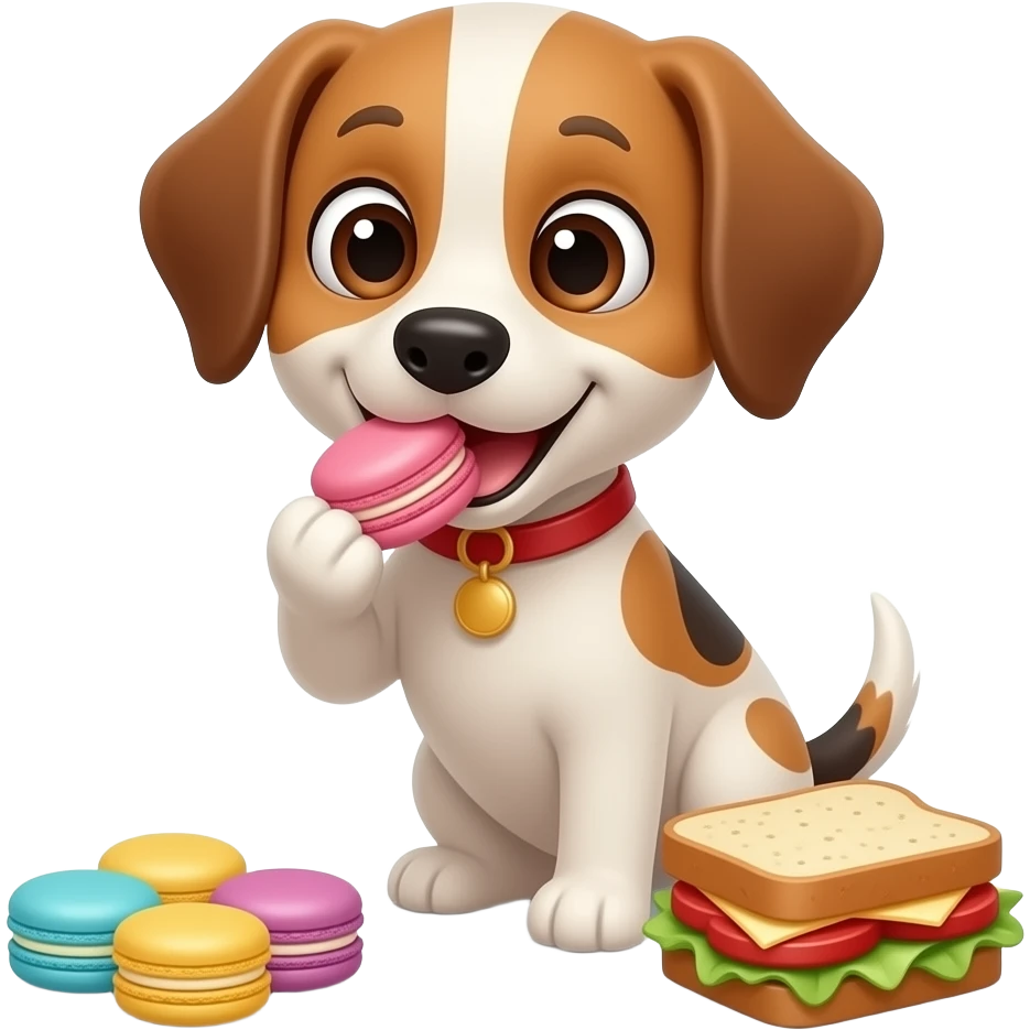 9-year old dog eating a macarons and sandwich emoji