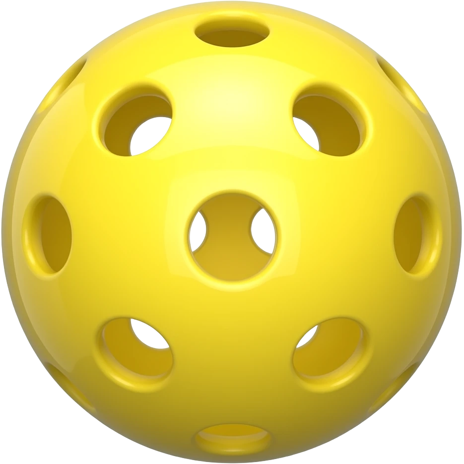 yellow pickleball with 52 holes, directly lighted with spot lights around and behind the camera and rotated to perfectly center its hole into the camera emoji