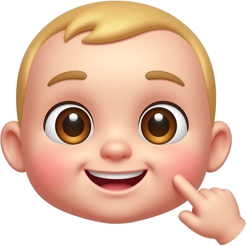 Cute 3D emoji baby face with one hand raised beside the face, finger gently poking the cheek, big eyes, blushing cheeks, lovely playful expression, glossy pastel style, white background. emoji