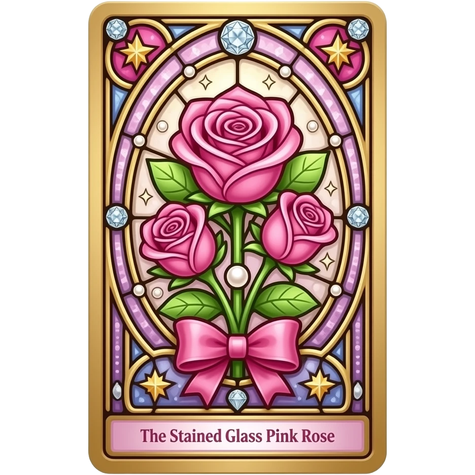 TAROT CARD, The Stained Glass Pink Rose, ornamented in gold and flowers and diamonds and pearls and stars and ribbon bows. emoji