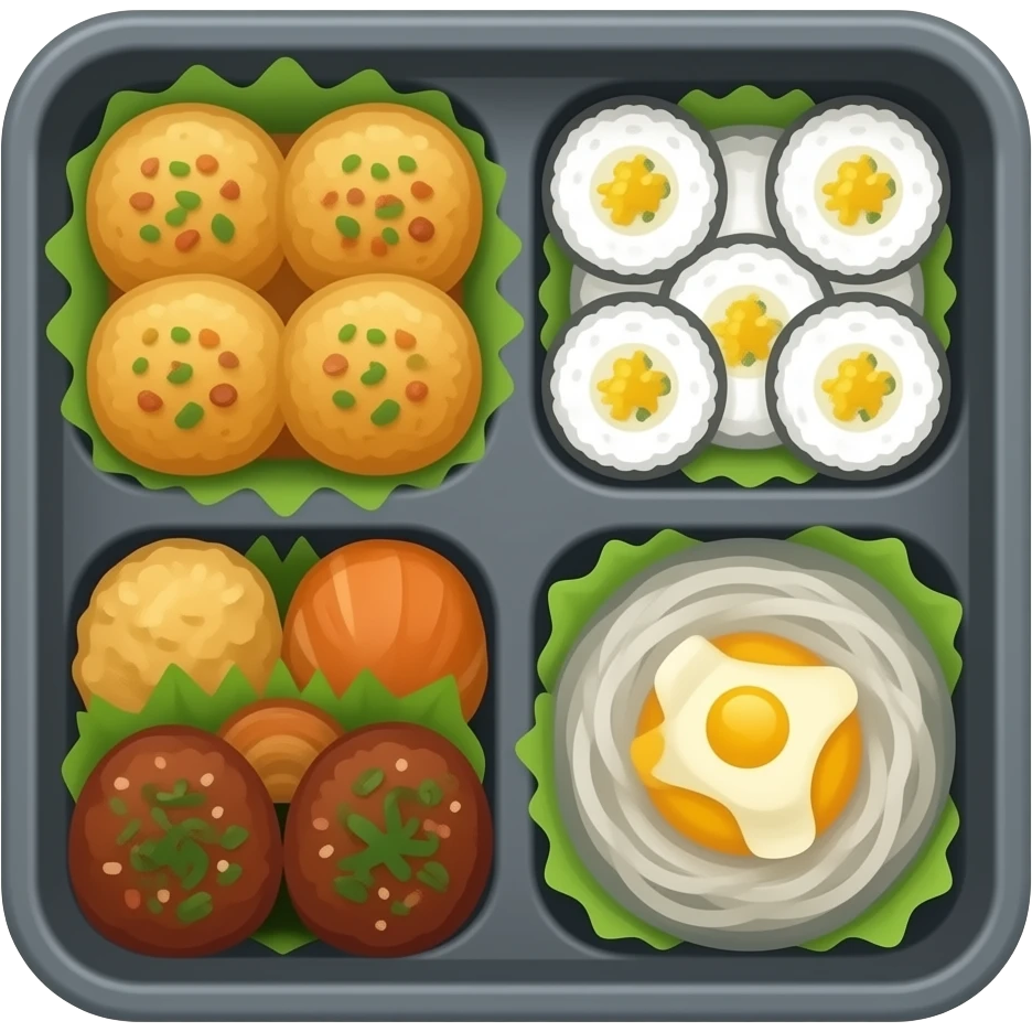 dark grey bento box top view with compartments filled with Japanese food emoji