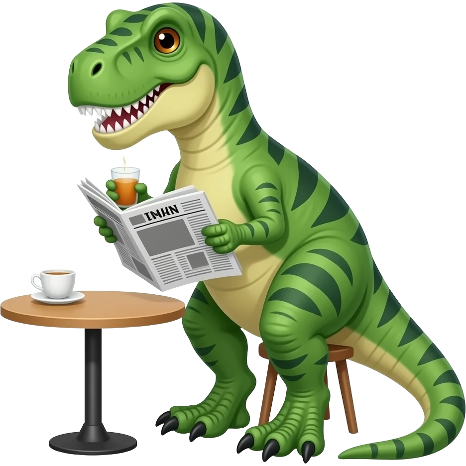 T rex drinking tea at table and reading newspaper emoji