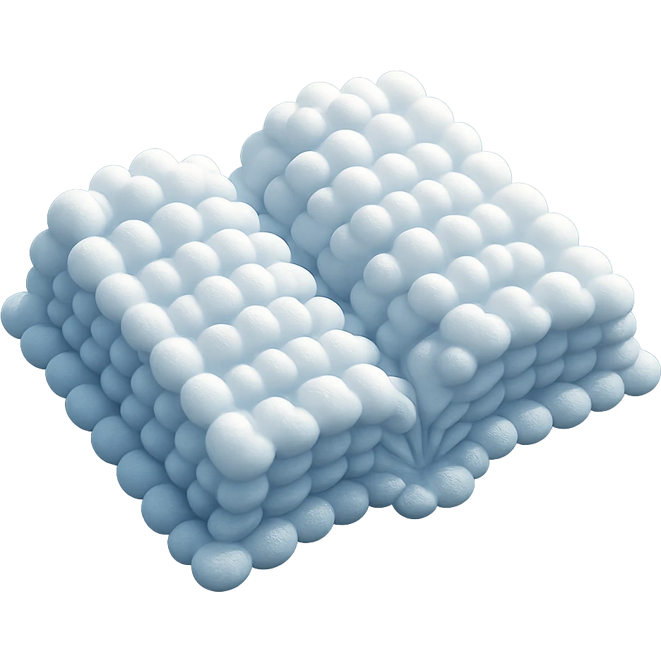 top view of a thick open book made entirely of small, very bright white fluffy convex clouds, matte glass style emoji