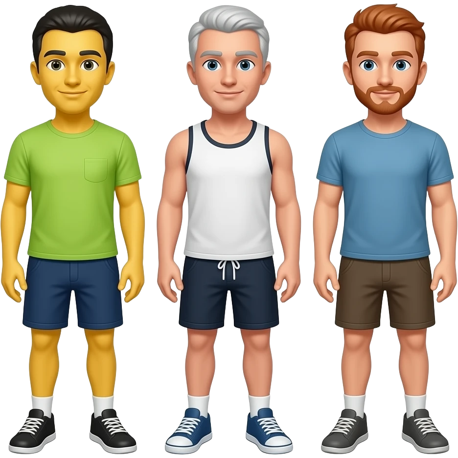 Gay couple emoji 3 men one yellow one white one redhead. Give the yellow one a perm, and the white one short shorts and a tank top. emoji