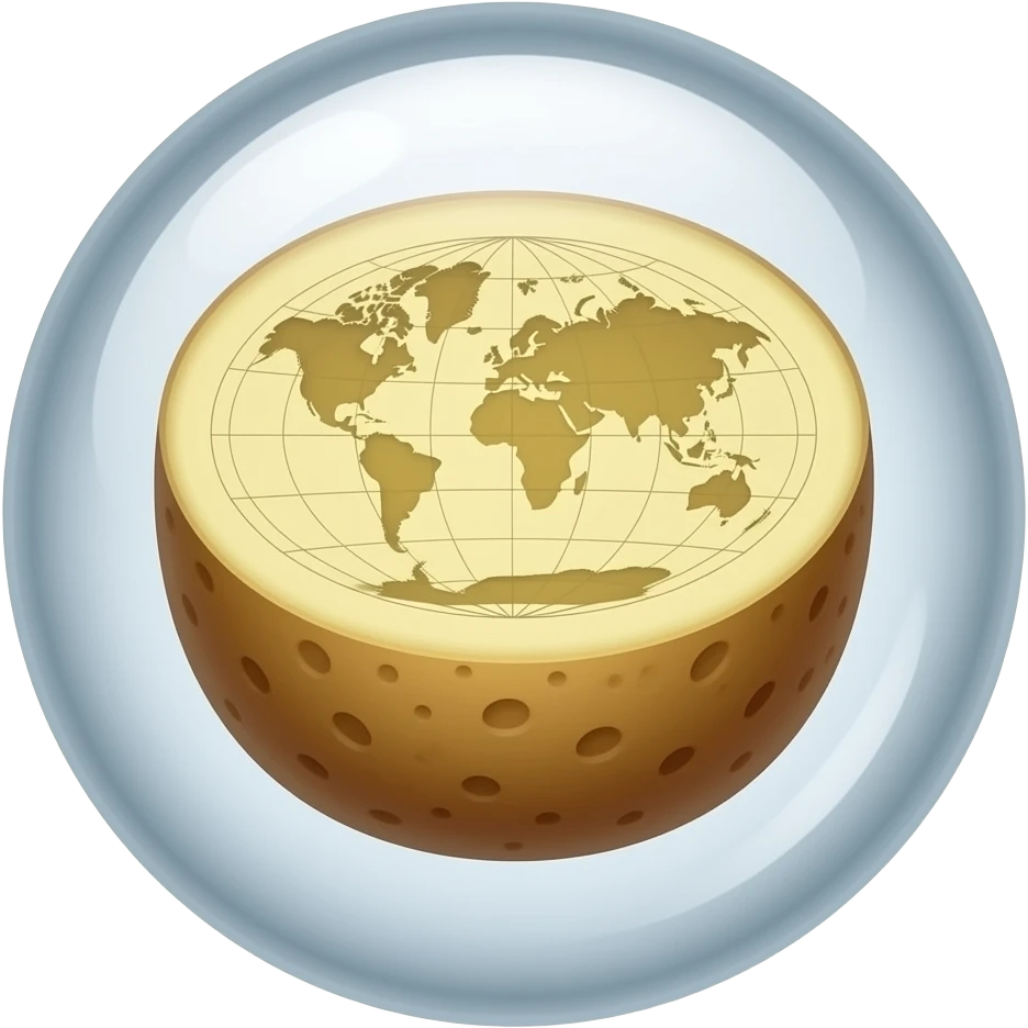 A clear glass marble with a half potato inside, the flat earth map is on the cut surface of the potato, Azimuthal Equidistant Map, the map has north in the center emoji