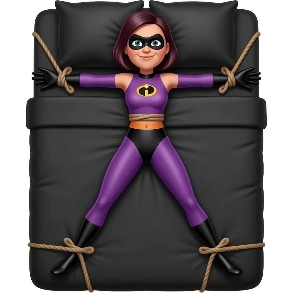 Violet Parr, The Incredibles, Tied to a black bed with black pillows, legs and arms spread, tied to the corners of the bed, emoji