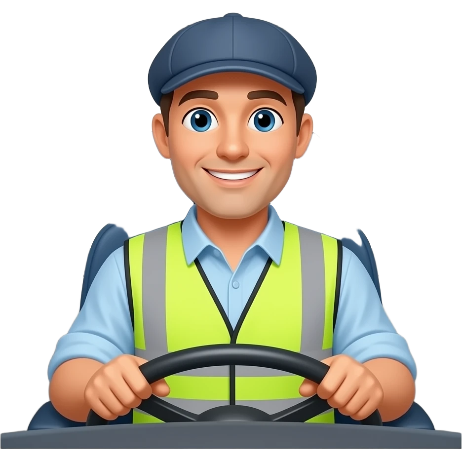 male bus driver, wearing hi-viz & flatcap friendly expression sitting in front of a steering wheel emoji