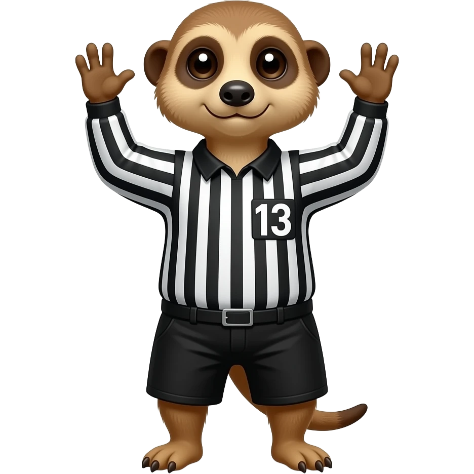 Create a meerkat wearing hockey referee jersey and number 13 showing NO-GOAL with both hands raised so sides emoji