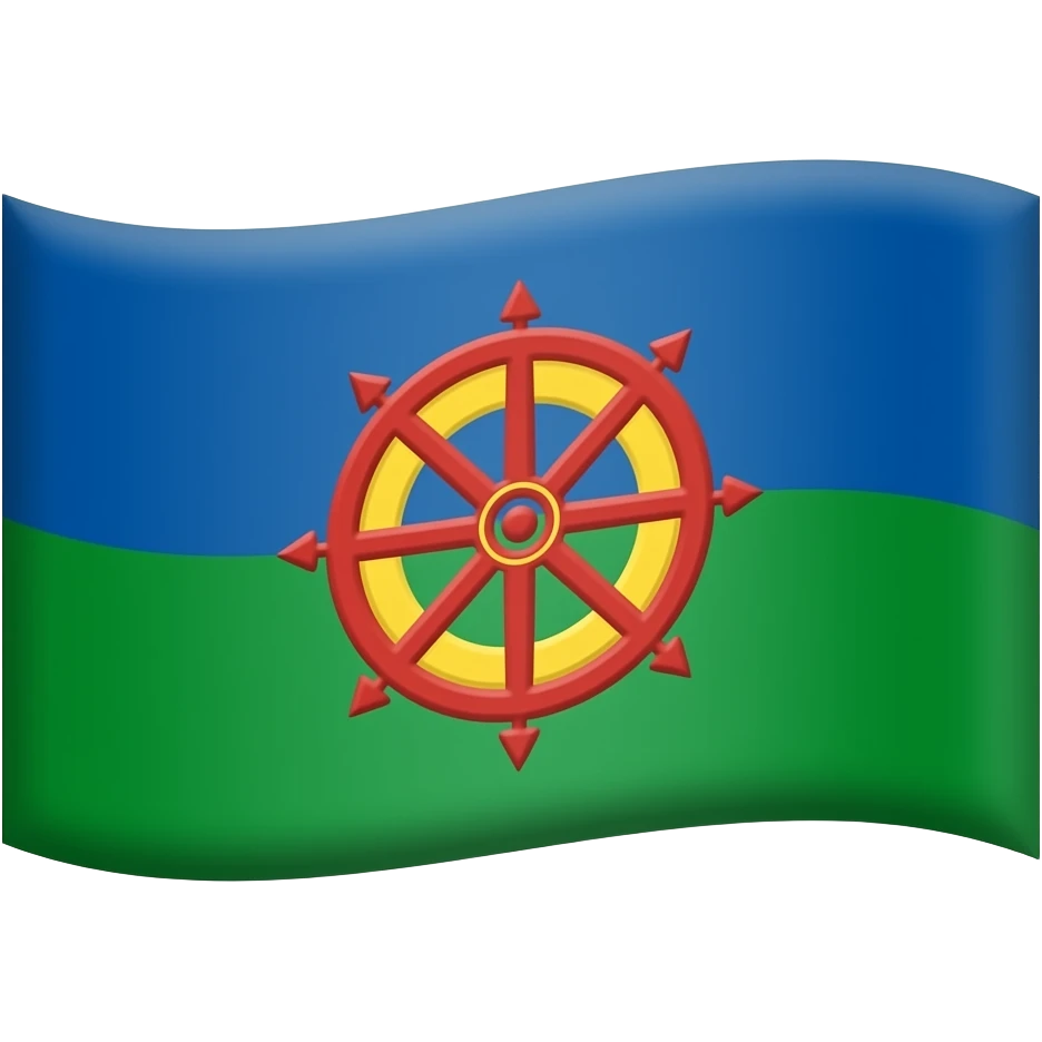 Flag of the Romani people. It consists of a background of blue and green, representing the heavens and earth, respectively; it also contains a 16-spoke red dharmachakra, or cartwheel, in the center emoji