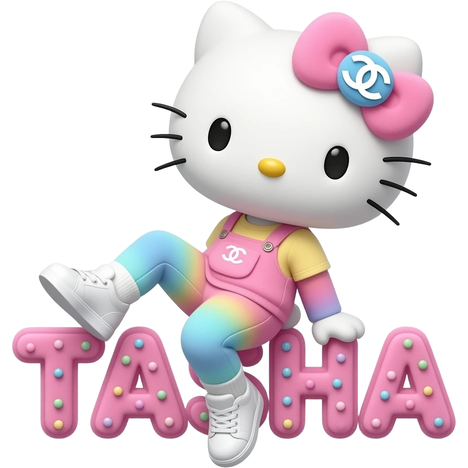 4D Velvety fur hello kitty wearing ombre white and blue and pink ombre pastel colored leggings and sneakers, and with the Chanel symbol on her ombre pastel bow sitting sideways leaning back on top of the velvety 3D outlined letters TASHA surrounded with tiny ombre pastel dots made of candy emoji