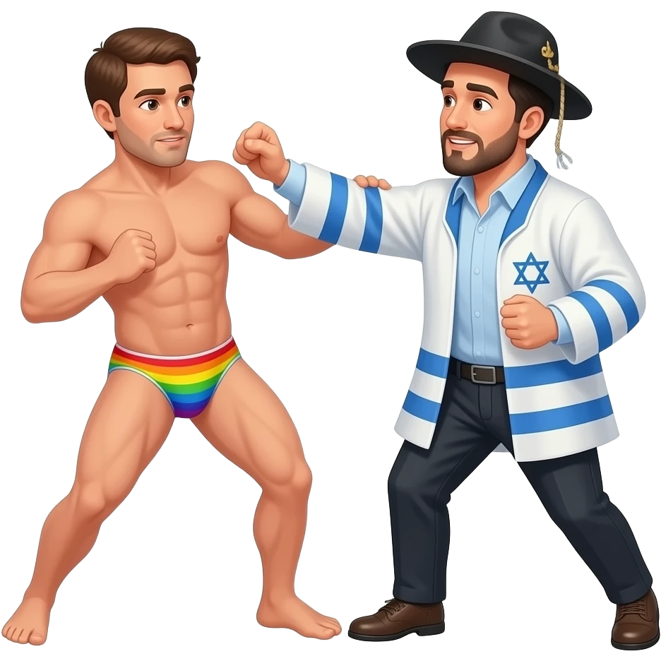 Gay man wearing no shirt and a rainbow speedo beating the shit out of a Jewish man emoji
