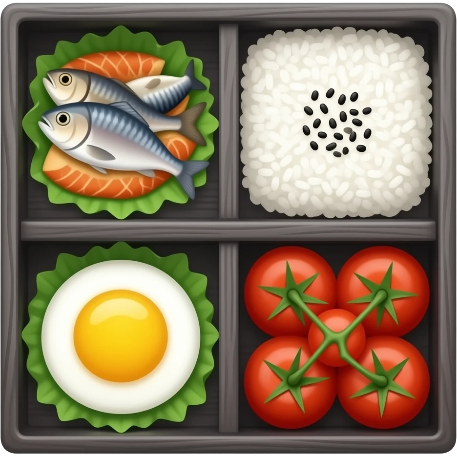 dark grey bento box top view 4 compartments (with fish, rice, eggs, tomatoes) emoji