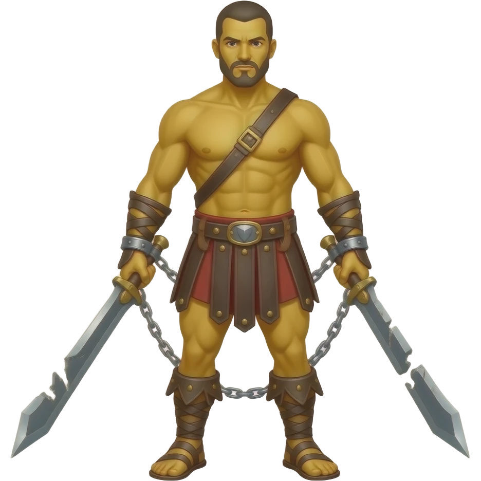 spartacus, minimal, full body, yellow skin, tipical emoji caracter style, more emojis style, more minimal, with weapons, more simplistic, emoji style, shackles on wrist with broken chains emoji