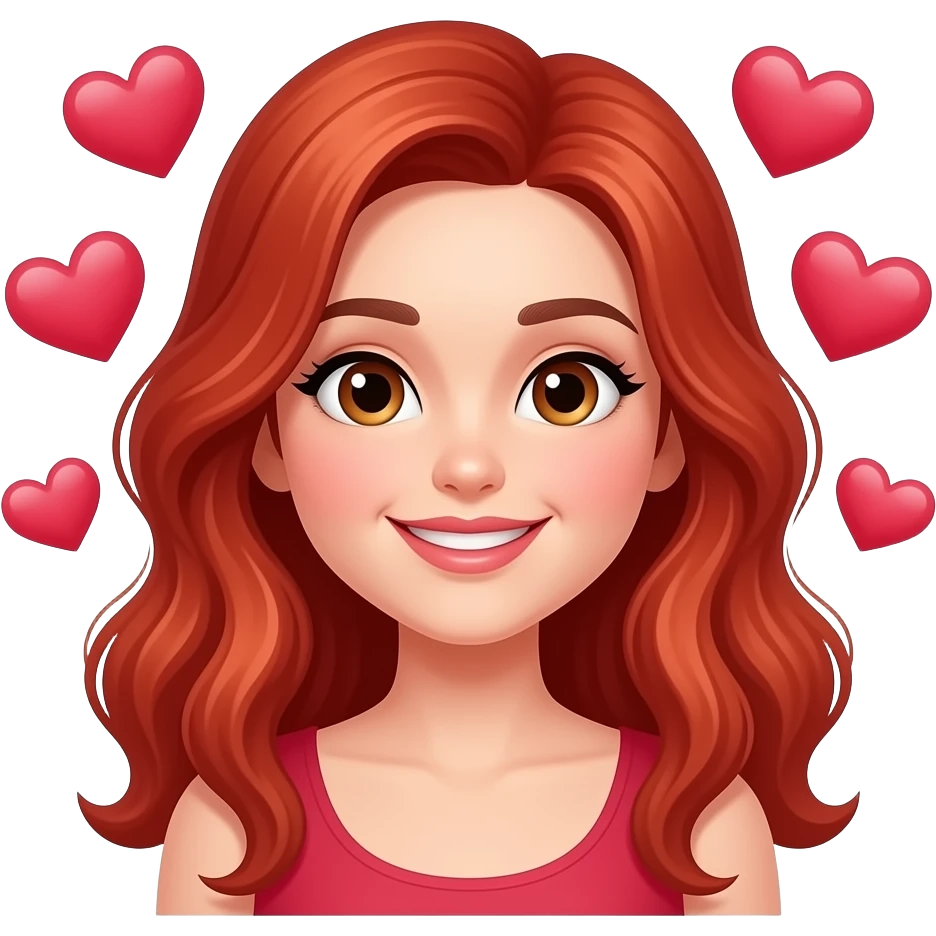 Mujer de cabello cobrizo con cara de estar enamorada con corazones emoji