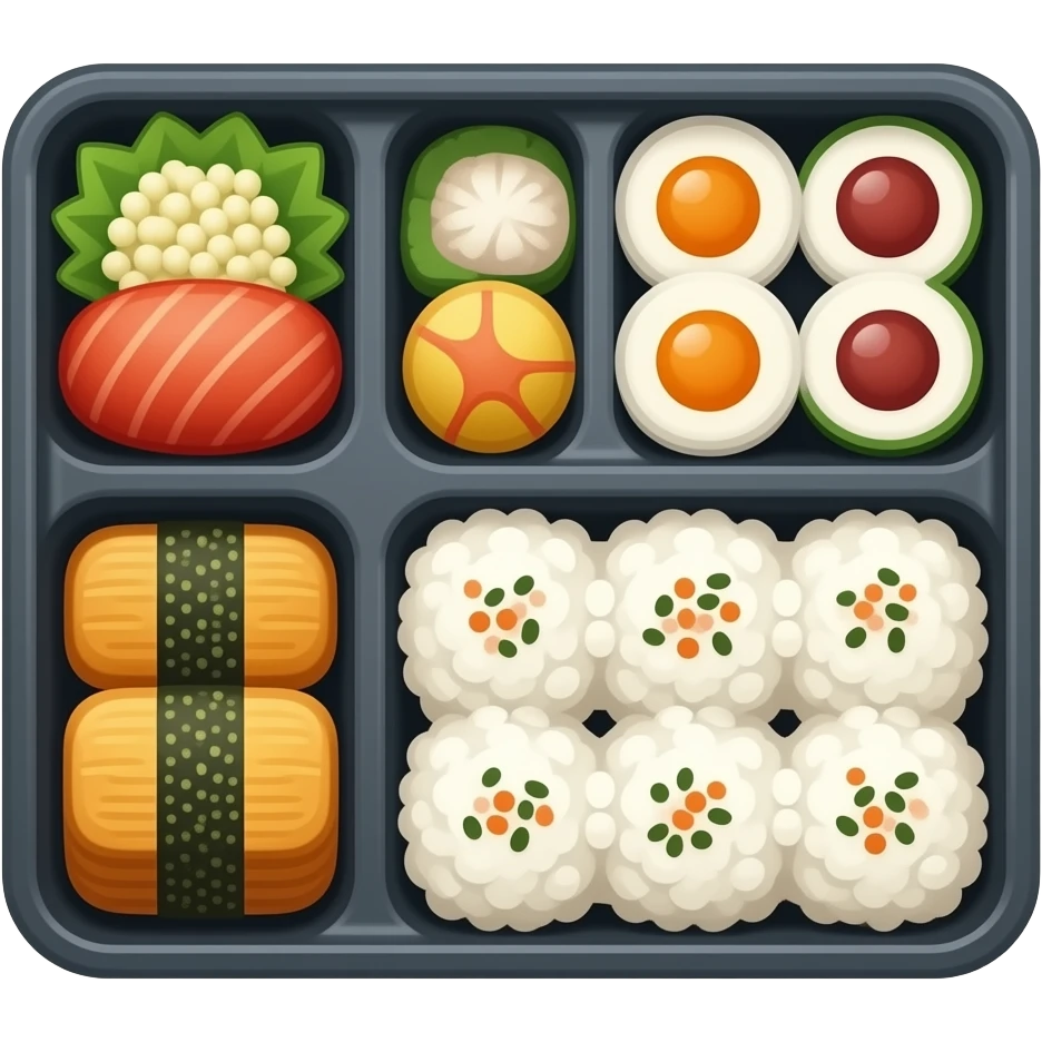 dark grey bento box top view with compartments filled with Japanese food emoji