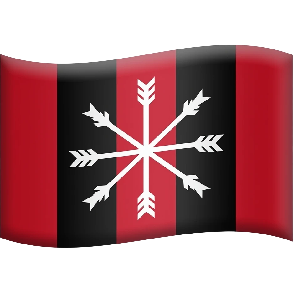 Bandera con 3 líneas verticales roja, negra y roja con un yugo y 5 flechas en la banda central de color rojo emoji