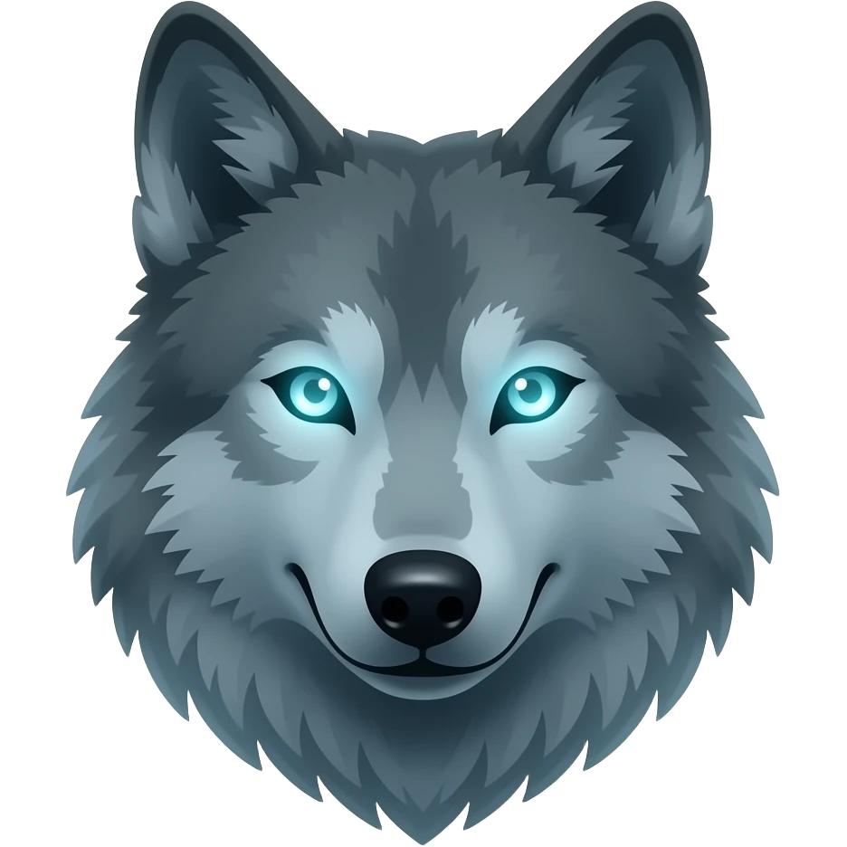 wolf head emoji facing front, only partially visible with subtle shadow silhouette, transparent ghost-like body, glowing eyes floating in darkness, soft smoky outline ,semi-transparent fur distortion effect” emoji
