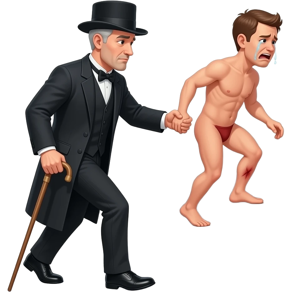 A stern clothed man with a thin whippy cane is leading by the hand and dragging a reluctant, crying, naked man up a flight of stairs, walking up towards the top,top,by the ear, his red buttocks are very bruised. emoji