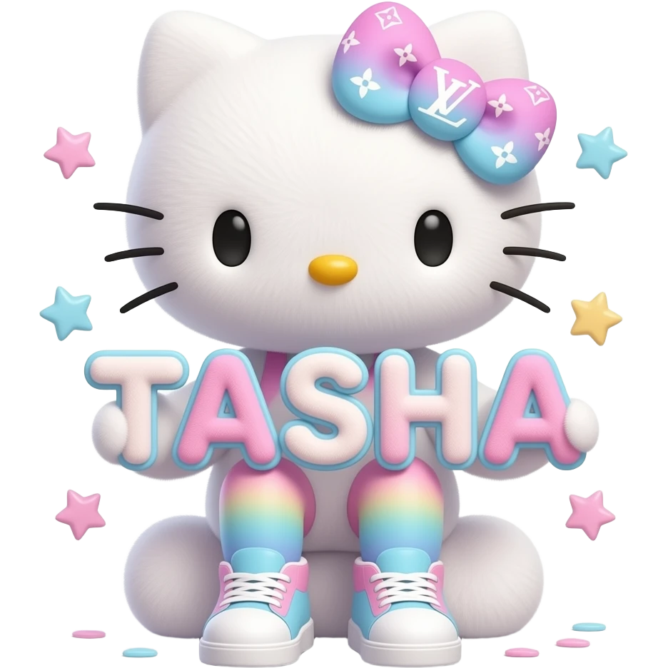 4D Velvety fur texture hello kitty wearing ombre white and blue and pink ombre pastel colored leggings and sneakers, and with the Louis Vuitton symbol on her ombre pastel bow sitting down holding the velvety 3D outlined letters TASHA and surrounded with tiny ombre pastel stars made of candy emoji
