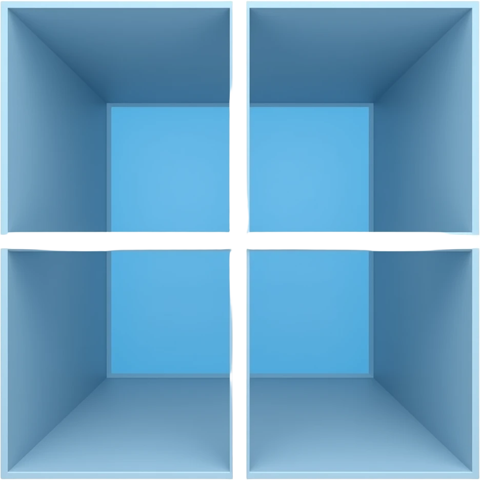 é uma representação minimalista e geométrica de quatro quadrados azuis em perspectiva, formando uma "janela" que também lembra uma bandeir emoji