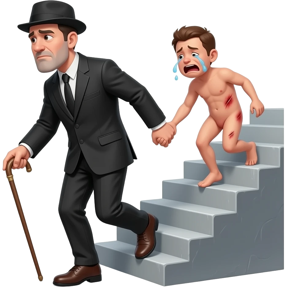 A stern clothed man with a thin whippy cane is leading by the hand and dragging a small, crying, naked man up a flight of stairs, walking up towards the top,top,by the ear, his red buttocks are very bruised. emoji