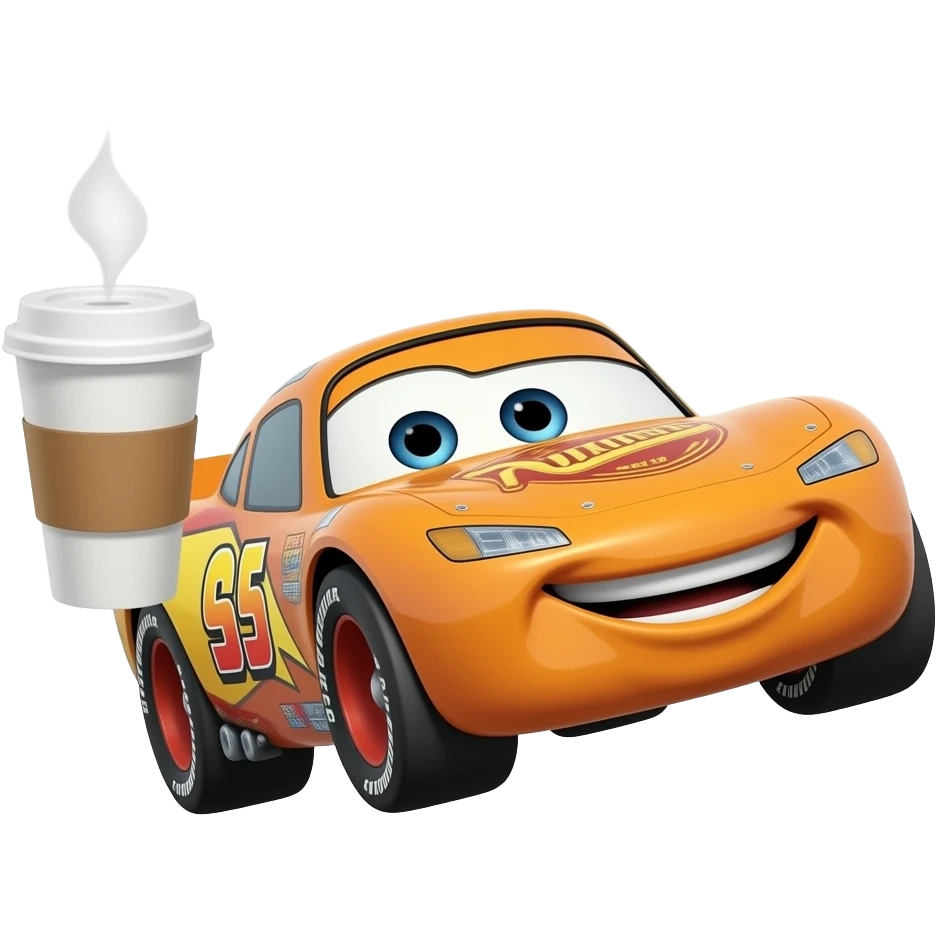 hazlo volando al rayo mcqueen y que tenga una copa y cafe y que el rayo diga salud  con titulo ¡Cuchau! emoji