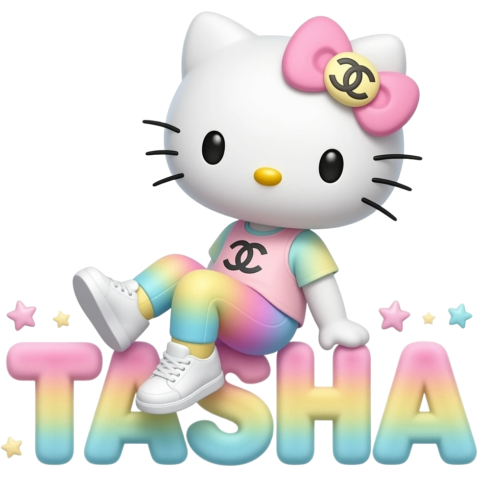 4D Velvety fur hello kitty wearing ombre white and blue and pink yellow ombre pastel colored leggings and sneakers, and with the Chanel symbol on her ombre pastel bow sitting sideways leaning back on top of the velvety 3D outlined letters TASHA surrounded with tiny ombre pastel stars made of candy emoji