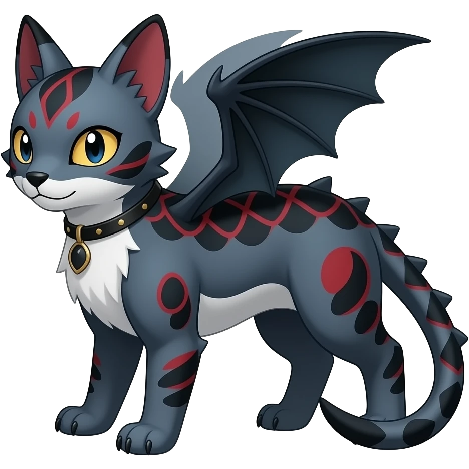 Realistic oriental Digitigrade quadrupedal gothic cool edgy cute midnight scaly blue-gray-black, with red markings, white belly, scaley Bastet-Salandit-Absol-Litten-Digimon-Fakémon-Pokémon-creature (full body), tiny spikes on back, with bat-EAR-wings on head as ears emoji
