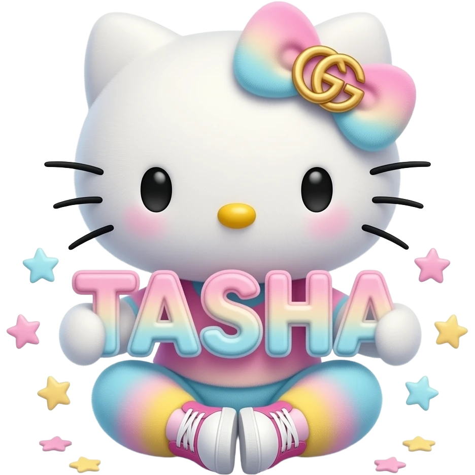 4D Velvety fur texture hello kitty wearing ombre white and blue and pink and yellow ombre pastel colored leggings and sneakers, and with the Gucci symbol on her ombre pastel bow sitting down holding the velvety 3D outlined letters TASHA and surrounded with tiny ombre pastel stars made of candy emoji