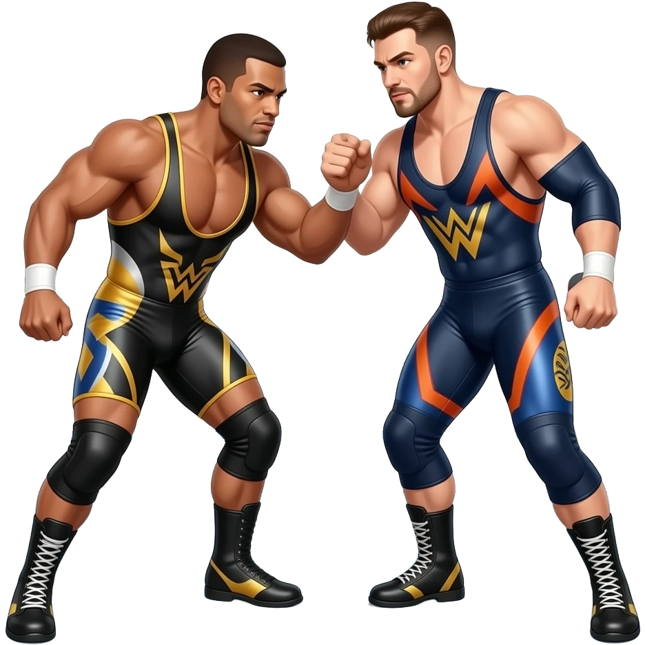 Erstelle ein Bild von zwei Wrestler in knappen engen Wrestler-suits, sie haben unterschiedlich Farben und sie ringen miteinander in einem Ringkampf emoji