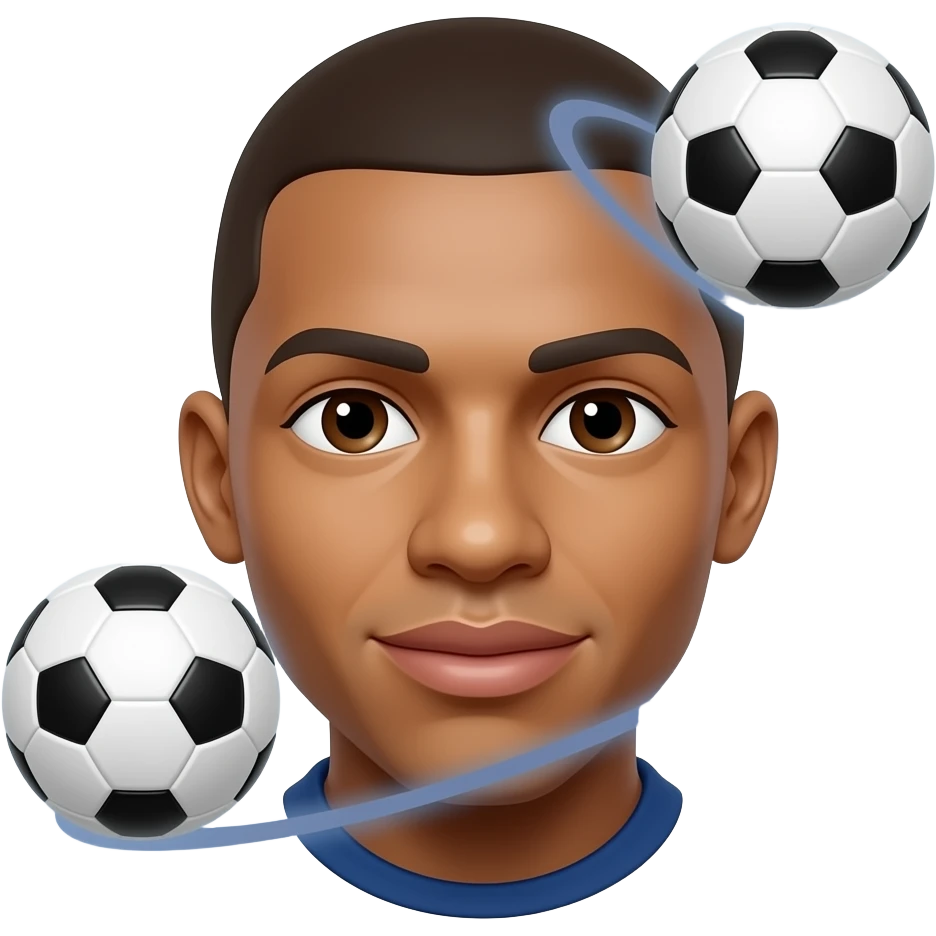 Mbappe-inspired 3D emoji, same face every time, 3 footballs orbiting around the emoji. emoji