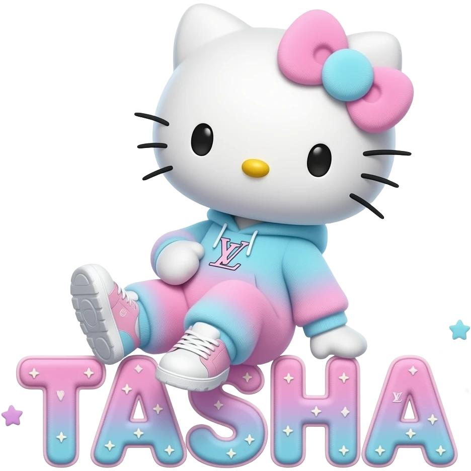 4D Velvety fur hello kitty wearing ombre white and blue and pink ombre pastel colored onesie and sneakers, and with the Louis Vuitton symbol on her ombre pastel bow sitting sideways leaning back on top of the velvety 3D outlined letters TASHA surrounded with tiny ombre pastel stars made of candy emoji