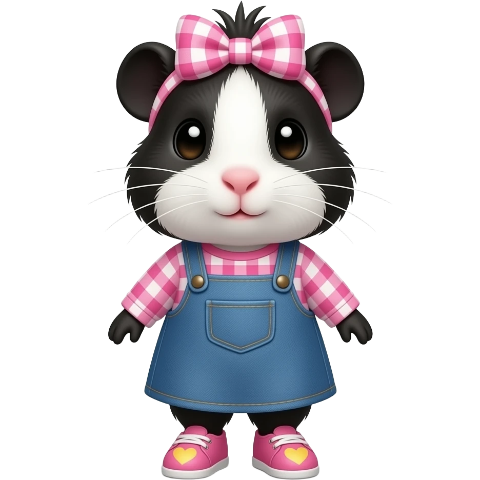 black and white guinea pig with pink long sleeve gingham shirt, jean dress, pink shoes with yellow hearts and a pink gingham bow in hair emoji